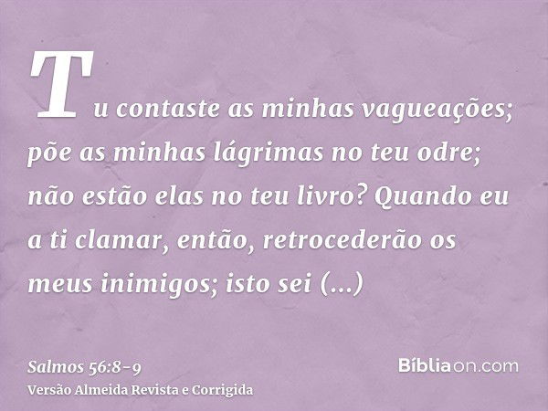 Tu contaste as minhas vagueações; põe as minhas lágrimas no teu odre; não estão elas no teu livro?Quando eu a ti clamar, então, retrocederão os meus inimigos; i