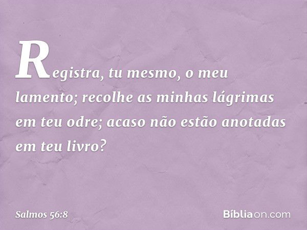 Registra, tu mesmo, o meu lamento;
recolhe as minhas lágrimas em teu odre;
acaso não estão anotadas em teu livro? -- Salmo 56:8