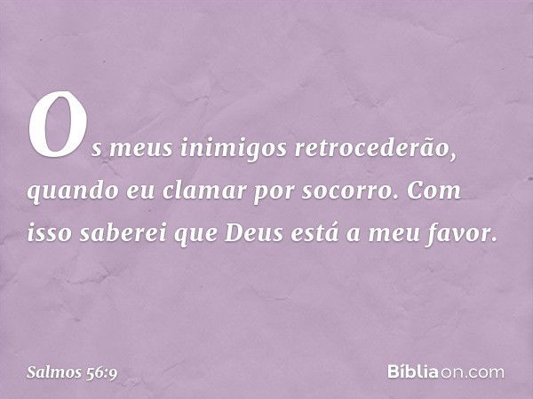 Os meus inimigos retrocederão,
quando eu clamar por socorro.
Com isso saberei que Deus está a meu favor. -- Salmo 56:9