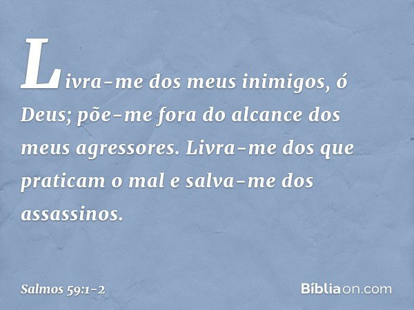 Livra-me dos meus inimigos, ó Deus;
põe-me fora do alcance dos meus agressores. Livra-me dos que praticam o mal
e salva-me dos assassinos. -- Salmo 59:1-2