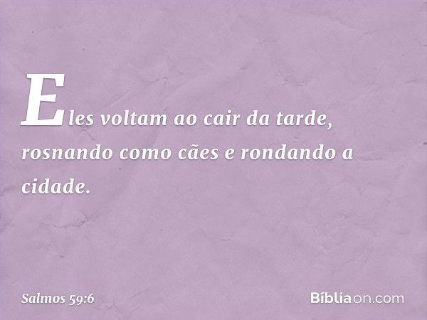 Eles voltam ao cair da tarde,
rosnando como cães
e rondando a cidade. -- Salmo 59:6