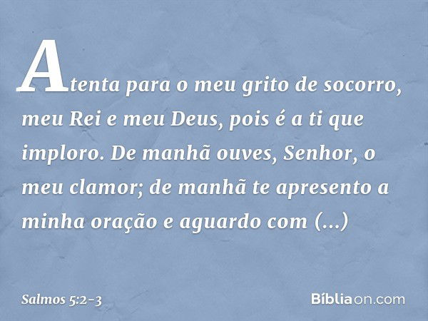 Atenta para o meu grito de socorro,
meu Rei e meu Deus,
pois é a ti que imploro. De manhã ouves, Senhor, o meu clamor;
de manhã te apresento a minha oração
e ag