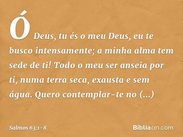 Ó Deus, tu és o meu Deus,
eu te busco intensamente;
a minha alma tem sede de ti!
Todo o meu ser anseia por ti,
numa terra seca, exausta e sem água. Quero contem