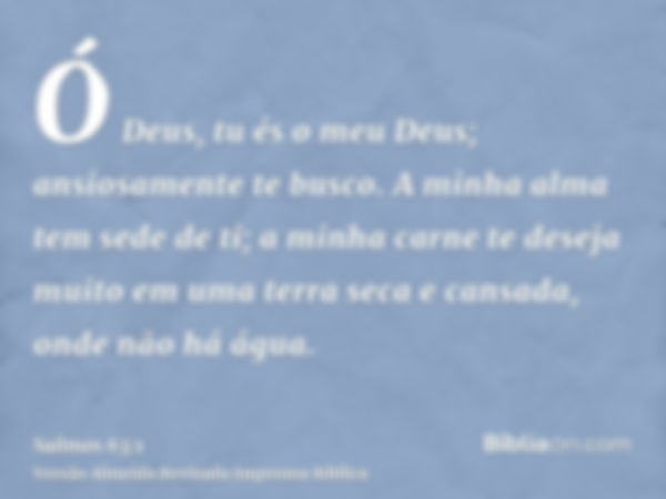 Ó Deus, tu és o meu Deus; ansiosamente te busco. A minha alma tem sede de ti; a minha carne te deseja muito em uma terra seca e cansada, onde não há água.