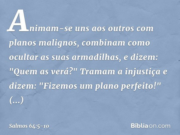 Animam-se uns aos outros
com planos malignos,
combinam como ocultar as suas armadilhas,
e dizem: "Quem as verá?" Tramam a injustiça e dizem:
"Fizemos um plano p