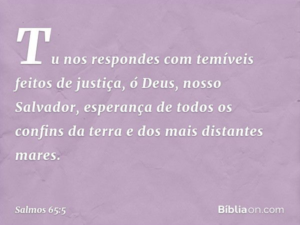 Tu nos respondes
com temíveis feitos de justiça,
ó Deus, nosso Salvador,
esperança de todos os confins da terra
e dos mais distantes mares. -- Salmo 65:5