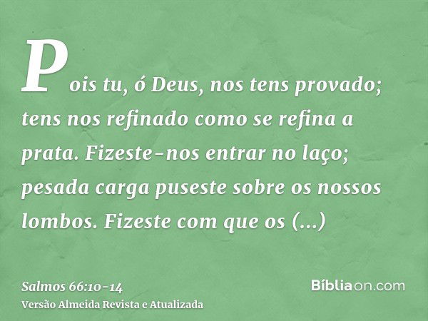 Pois tu, ó Deus, nos tens provado; tens nos refinado como se refina a prata.Fizeste-nos entrar no laço; pesada carga puseste sobre os nossos lombos.Fizeste com 