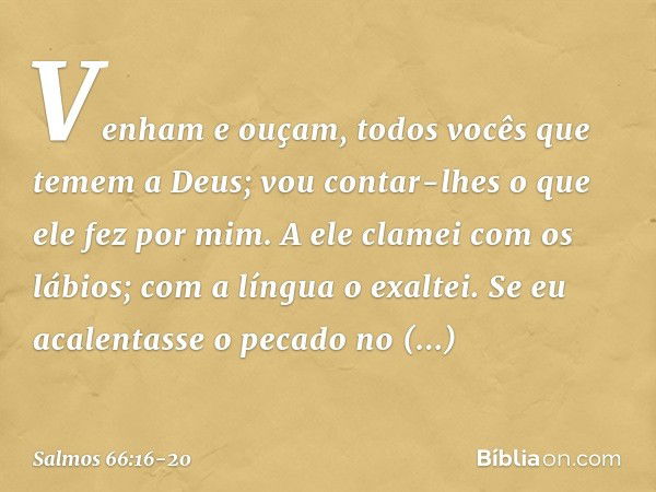 Venham e ouçam,
todos vocês que temem a Deus;
vou contar-lhes o que ele fez por mim. A ele clamei com os lábios;
com a língua o exaltei. Se eu acalentasse o pec