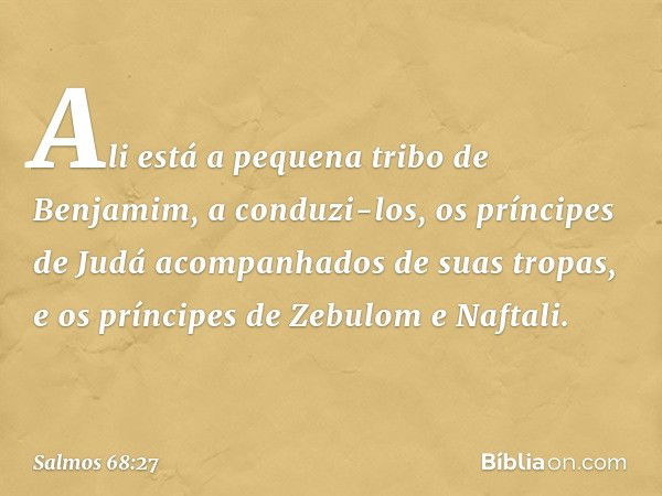 Ali está a pequena tribo de Benjamim,
a conduzi-los,
os príncipes de Judá
acompanhados de suas tropas,
e os príncipes de Zebulom e Naftali. -- Salmo 68:27