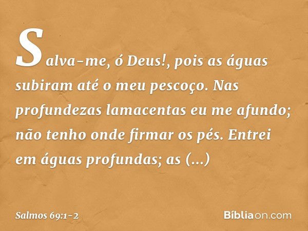 Salva-me, ó Deus!,
pois as águas subiram até o meu pescoço. Nas profundezas lamacentas eu me afundo;
não tenho onde firmar os pés.
Entrei em águas profundas;
as