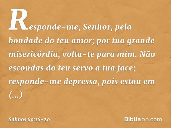 Responde-me, Senhor,
pela bondade do teu amor;
por tua grande misericórdia, volta-te para mim. Não escondas do teu servo a tua face;
responde-me depressa, pois 