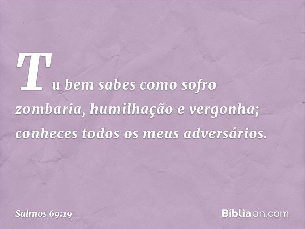 Tu bem sabes como sofro zombaria,
humilhação e vergonha;
conheces todos os meus adversários. -- Salmo 69:19