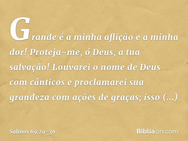 Grande é a minha aflição e a minha dor!
Proteja-me, ó Deus, a tua salvação! Louvarei o nome de Deus com cânticos
e proclamarei sua grandeza
com ações de graças;