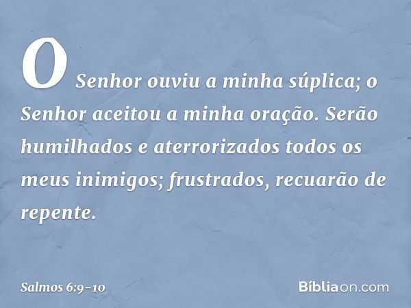 O Senhor ouviu a minha súplica;
o Senhor aceitou a minha oração. Serão humilhados e aterrorizados
todos os meus inimigos;
frustrados, recuarão de repente. -- Sa