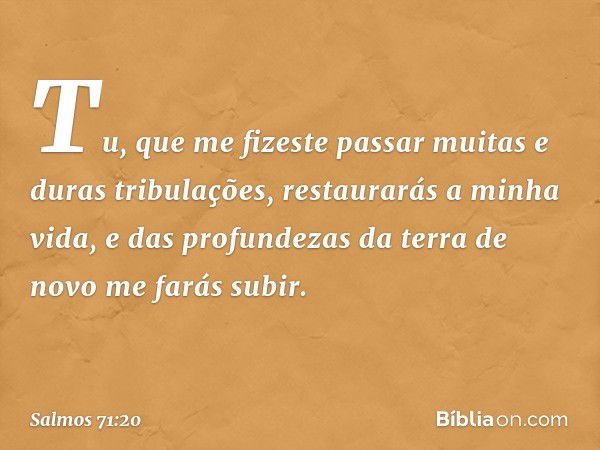 Tu, que me fizeste passar
muitas e duras tribulações,
restaurarás a minha vida,
e das profundezas da terra
de novo me farás subir. -- Salmo 71:20