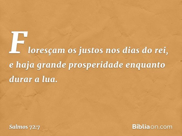 Floresçam os justos nos dias do rei,
e haja grande prosperidade enquanto durar a lua. -- Salmo 72:7