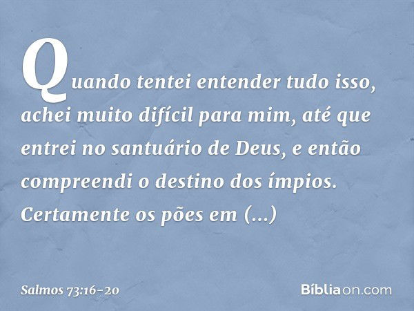 Quando tentei entender tudo isso,
achei muito difícil para mim, até que entrei no santuário de Deus,
e então compreendi o destino dos ímpios. Certamente os pões