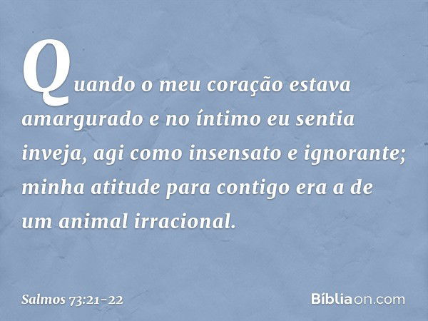 Quando o meu coração estava amargurado
e no íntimo eu sentia inveja, agi como insensato e ignorante;
minha atitude para contigo
era a de um animal irracional. -