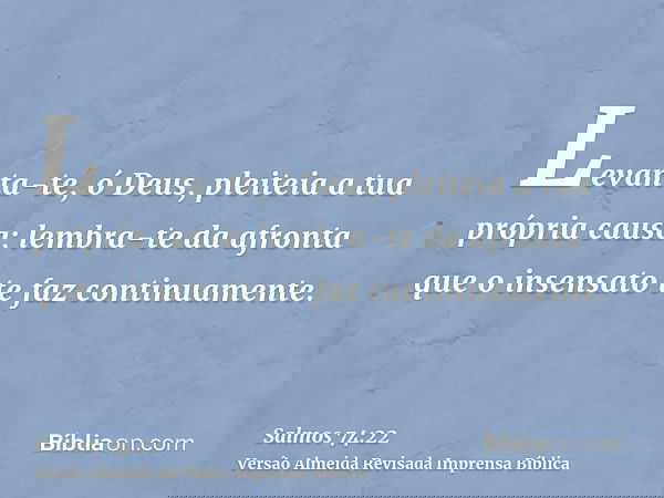 Levanta-te, ó Deus, pleiteia a tua própria causa; lembra-te da afronta que o insensato te faz continuamente.