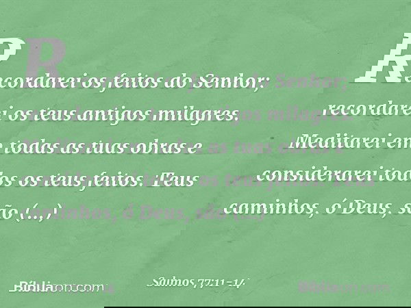 Recordarei os feitos do Senhor;
recordarei os teus antigos milagres. Meditarei em todas as tuas obras
e considerarei todos os teus feitos. Teus caminhos, ó Deus