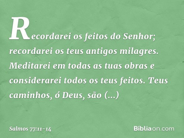 Recordarei os feitos do Senhor;
recordarei os teus antigos milagres. Meditarei em todas as tuas obras
e considerarei todos os teus feitos. Teus caminhos, ó Deus