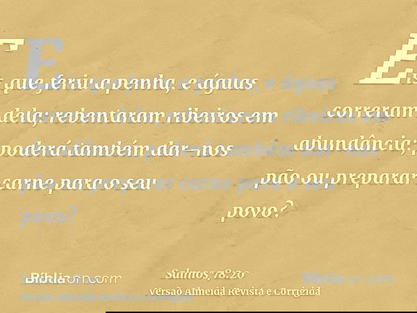Eis que feriu a penha, e águas correram dela; rebentaram ribeiros em abundância; poderá também dar-nos pão ou preparar carne para o seu povo?