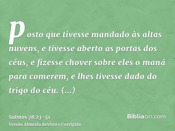 posto que tivesse mandado às altas nuvens, e tivesse aberto as portas dos céus,e fizesse chover sobre eles o maná para comerem, e lhes tivesse dado do trigo do 