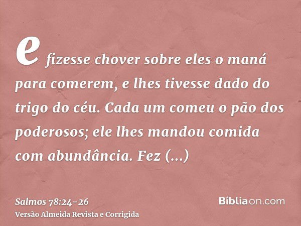 e fizesse chover sobre eles o maná para comerem, e lhes tivesse dado do trigo do céu.Cada um comeu o pão dos poderosos; ele lhes mandou comida com abundância.Fe