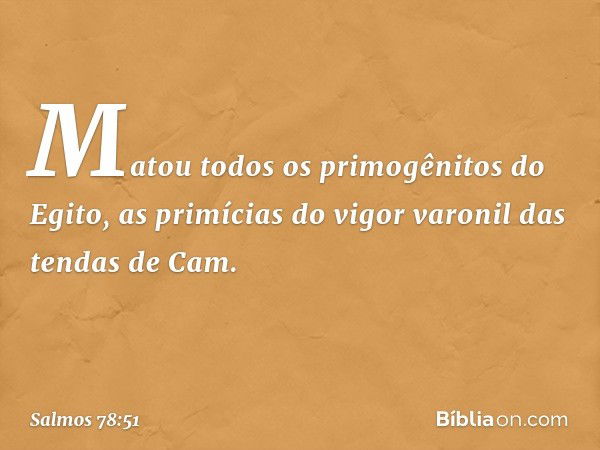 Matou todos os primogênitos do Egito,
as primícias do vigor varonil
das tendas de Cam. -- Salmo 78:51