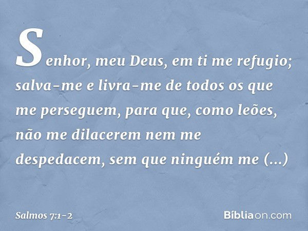 Senhor, meu Deus, em ti me refugio;
salva-me e livra-me de todos
os que me perseguem, para que, como leões,
não me dilacerem nem me despedacem,
sem que ninguém 