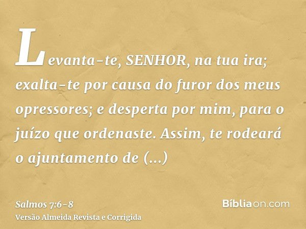 Levanta-te, SENHOR, na tua ira; exalta-te por causa do furor dos meus opressores; e desperta por mim, para o juízo que ordenaste.Assim, te rodeará o ajuntamento