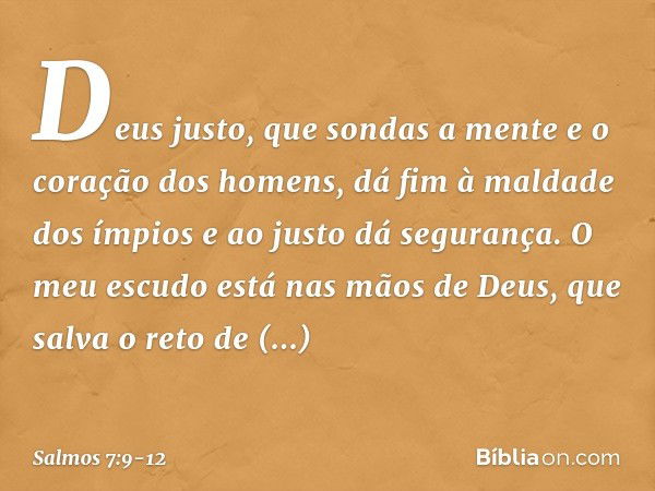 Deus justo,
que sondas a mente e o coração dos homens,
dá fim à maldade dos ímpios
e ao justo dá segurança. O meu escudo está nas mãos de Deus,
que salva o reto