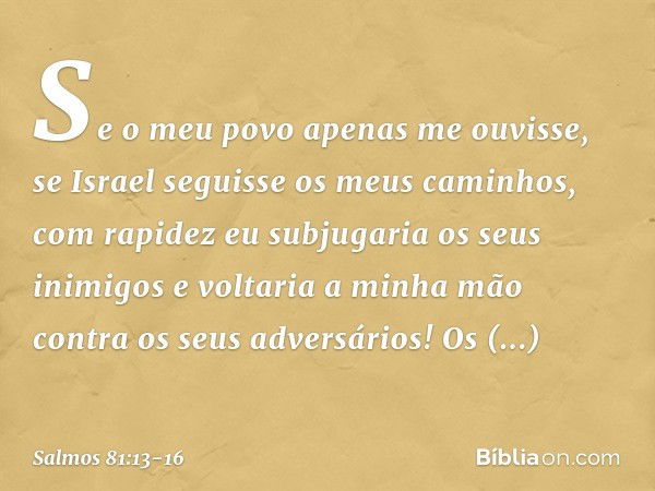 "Se o meu povo apenas me ouvisse,
se Israel seguisse os meus caminhos, com rapidez eu subjugaria os seus inimigos
e voltaria a minha mão
contra os seus adversár