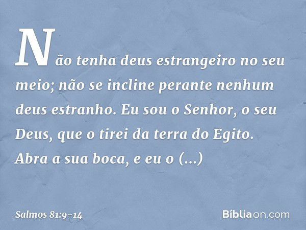 Não tenha deus estrangeiro no seu meio;
não se incline perante nenhum deus estranho. Eu sou o Senhor, o seu Deus,
que o tirei da terra do Egito.
Abra a sua boca