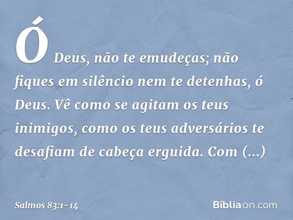 Ó Deus, não te emudeças;
não fiques em silêncio nem te detenhas, ó Deus. Vê como se agitam os teus inimigos,
como os teus adversários
te desafiam de cabeça ergu