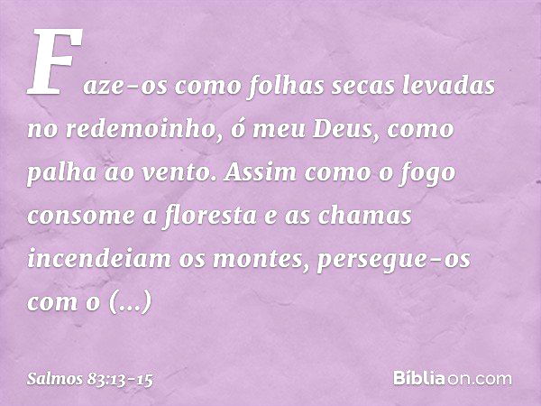 Faze-os como folhas secas
levadas no redemoinho, ó meu Deus,
como palha ao vento. Assim como o fogo consome a floresta
e as chamas incendeiam os montes, persegu