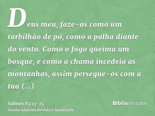 Deus meu, faze-os como um turbilhão de pó, como a palha diante do vento.Como o fogo queima um bosque, e como a chama incedeia as montanhas,assim persegue-os com