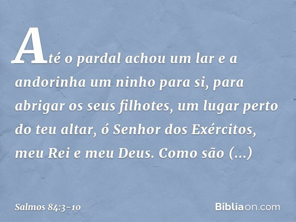 Até o pardal achou um lar
e a andorinha um ninho para si,
para abrigar os seus filhotes,
um lugar perto do teu altar,
ó Senhor dos Exércitos, meu Rei e meu Deus