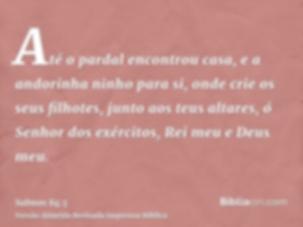 Até o pardal encontrou casa, e a andorinha ninho para si, onde crie os seus filhotes, junto aos teus altares, ó Senhor dos exércitos, Rei meu e Deus meu.