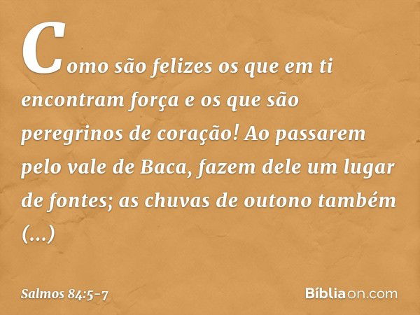 Como são felizes os que em ti
encontram força
e os que são peregrinos de coração! Ao passarem pelo vale de Baca,
fazem dele um lugar de fontes;
as chuvas de out