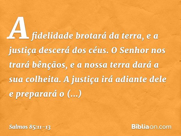 A fidelidade brotará da terra,
e a justiça descerá dos céus. O Senhor nos trará bênçãos,
e a nossa terra dará a sua colheita. A justiça irá adiante dele
e prepa