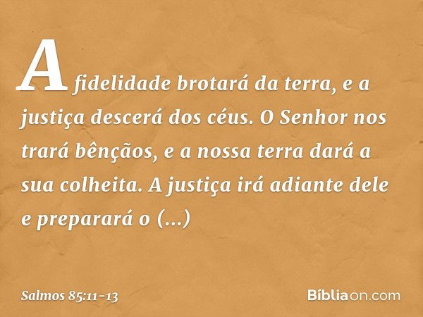 A fidelidade brotará da terra,
e a justiça descerá dos céus. O Senhor nos trará bênçãos,
e a nossa terra dará a sua colheita. A justiça irá adiante dele
e prepa