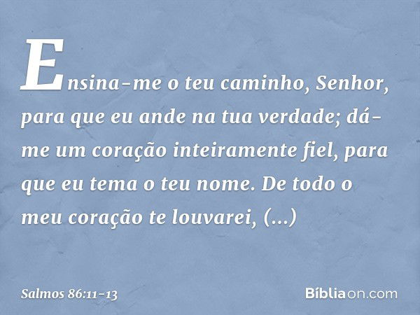 Ensina-me o teu caminho, Senhor,
para que eu ande na tua verdade;
dá-me um coração inteiramente fiel,
para que eu tema o teu nome. De todo o meu coração te louv