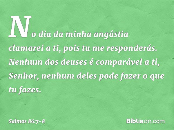 No dia da minha angústia clamarei a ti,
pois tu me responderás. Nenhum dos deuses é comparável a ti, Senhor,
nenhum deles pode fazer o que tu fazes. -- Salmo 86