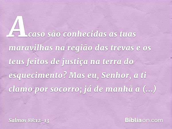 Acaso são conhecidas as tuas maravilhas
na região das trevas
e os teus feitos de justiça
na terra do esquecimento? Mas eu, Senhor, a ti clamo por socorro;
já de