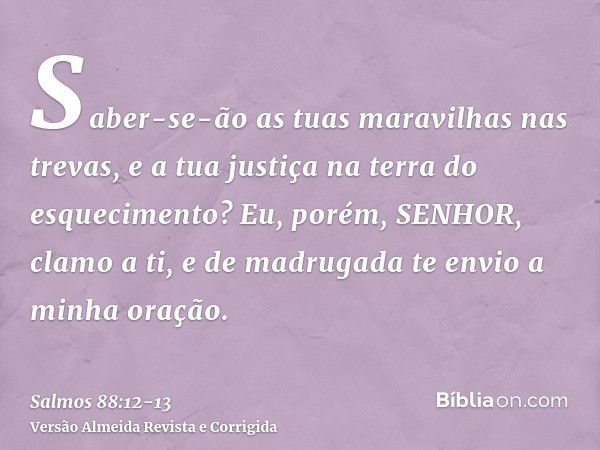 Saber-se-ão as tuas maravilhas nas trevas, e a tua justiça na terra do esquecimento?Eu, porém, SENHOR, clamo a ti, e de madrugada te envio a minha oração.