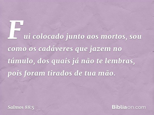 Fui colocado junto aos mortos,
sou como os cadáveres que jazem no túmulo,
dos quais já não te lembras,
pois foram tirados de tua mão. -- Salmo 88:5