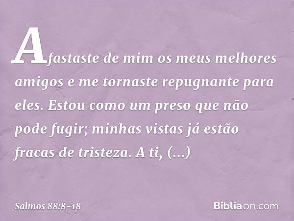 Afastaste de mim os meus melhores amigos
e me tornaste repugnante para eles.
Estou como um preso que não pode fugir; minhas vistas já estão fracas de tristeza.
