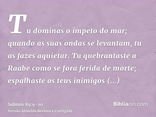 Tu dominas o ímpeto do mar; quando as suas ondas se levantam, tu as fazes aquietar.Tu quebrantaste a Raabe como se fora ferida de morte; espalhaste os teus inim