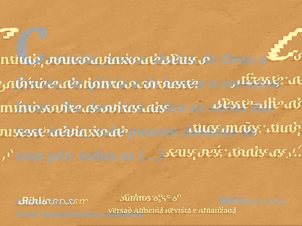 Contudo, pouco abaixo de Deus o fizeste; de glória e de honra o coroaste.Deste-lhe domínio sobre as obras das tuas mãos; tudo puseste debaixo de seus pés:todas